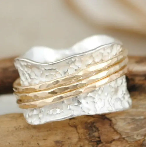 Bague spinner vintage fine en or et argent